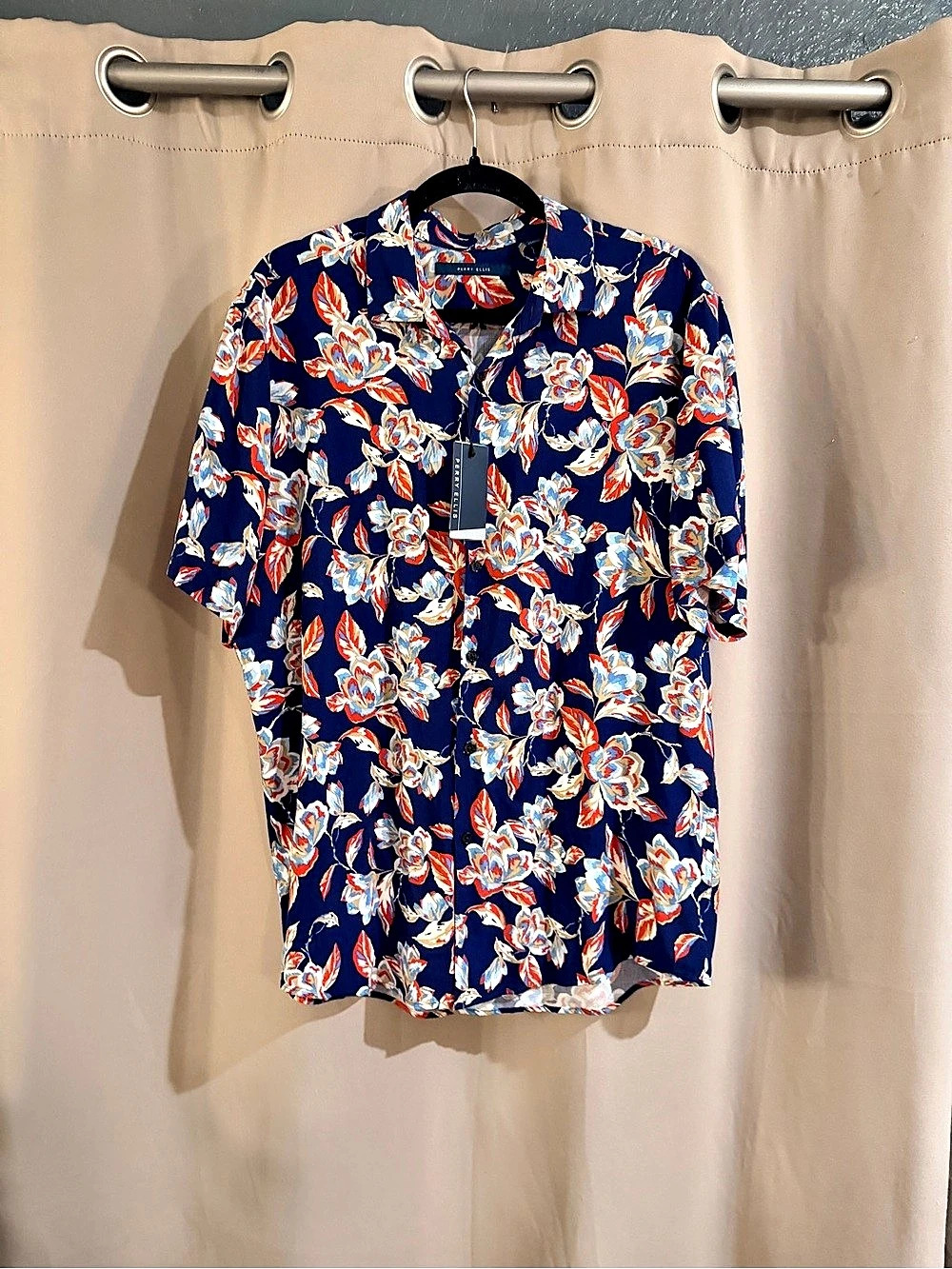 Perry Ellis Floral Button Front Shirt Blue Orange Size Large NWT